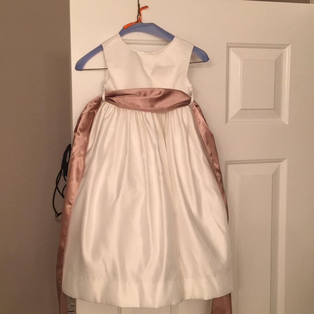 Us Angels White Flower Girl Dress with Dusty Rose Sash